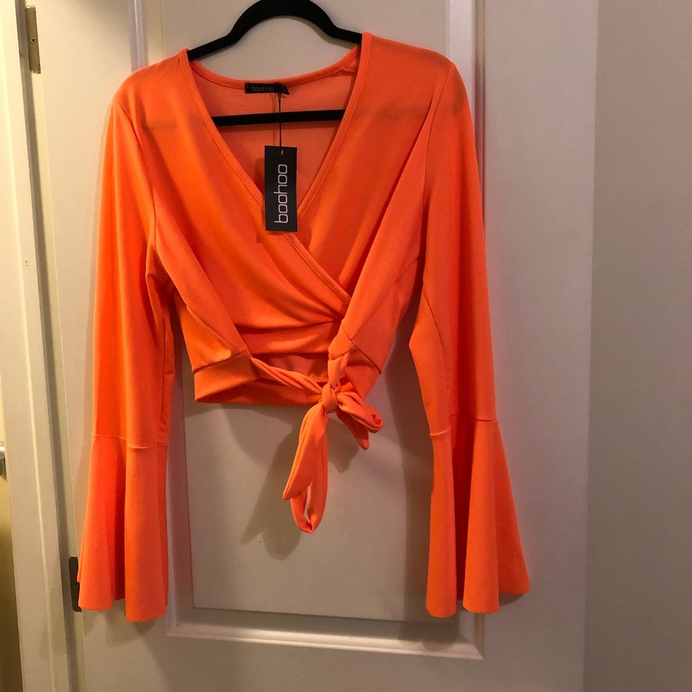 Boohoo Charlie Wrap Front Flute Sleeve Top (Neon)